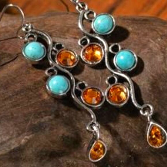 Natural Turquoise & Citrine Dangle Drop French Hook Earrings on Sterling Silver  - Picture 1 of 5